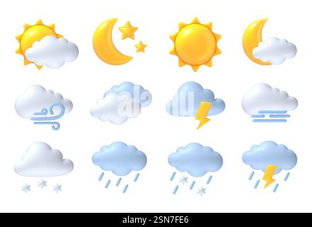 3D-Wettersymbole. Sonne, Mond und Wolken, Regen und Wind, Gewitter und Nebel, meteorologische Schneesymbole für App. Sonnig, regnerisch und windig, Gewitter und schneebedecktes, nebeliges Wetter. Vektorsatz. Stock Vektor