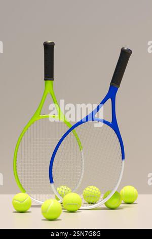 Zwei Tennisschläger mit grünen und blauen Akzenten neben mehreren gelben Tennisbällen. 3D-Rendering Stockfoto