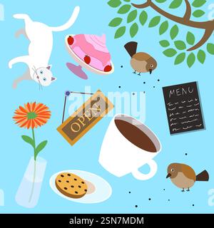 Verspieltes Kaffee-Doodle-Set mit Tasse, Tee und Desserts. Warmes und aromatisches Design, perfekt für Café-Menü, Aufkleber, Banner und dekorativen Hintergrund mit trendigem künstlerischem Touch. Quadratischer Flyer. Stock Vektor