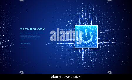 Abstrakt ÜBER DEN ein-/Ausschalter in blau leuchtenden Pixeln auf KI-Chip Stock Vektor