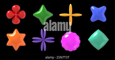 Y2K 3D-Formen. Plastische, glänzende geometrische primitive Objekte. Aufblasbare Farbsterne und brutalistische futuristische Figuren. Modernes minimalistisches Pop Art trendiges Spielzeug-Vektor-Set. Stock Vektor