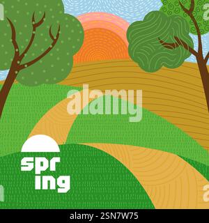 Sonnige Frühlingslandschaft mit ruhigen grünen Feldern und blühenden Bäumen. Helle ländliche Szene, die die Schönheit der Natur, die frische Luft und den Charme des ruhigen Ackerlandes am Morgen einfängt. Quadratischer Flyer Stock Vektor