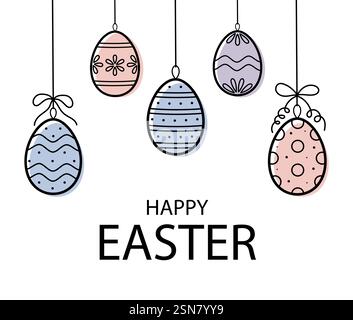 Ostergrußkarte mit Eiern mit Ornament und zarten Farbakzenten. Frohe Ostern. Handgezeichneter Sketch-Stil. Vektorabbildung. Stock Vektor