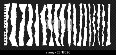 Gerissene Papierkante. Realistische, gerissene Papierstreifen mit gerissenen Kanten. Weiße, geriffelte Papierbögen für Videoübergangseffekte. Vektor-isolierter Satz auf transparentem Hintergrund. Stock Vektor