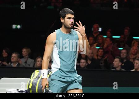 Carlos Alcaraz aus Spanien im Kampf gegen Alex de Minaur aus Australien, Endspiel während der ABN AMRO Open 2025, ATP 500 Tennis am 9. Februar 2025 in Rotterdam, Niederlande. Foto: Laurent Lairys/ABACAPRESS. KOM Stockfoto