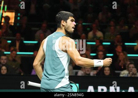Carlos Alcaraz aus Spanien im Kampf gegen Alex de Minaur aus Australien, Endspiel während der ABN AMRO Open 2025, ATP 500 Tennis am 9. Februar 2025 in Rotterdam, Niederlande. Foto: Laurent Lairys/ABACAPRESS. KOM Stockfoto