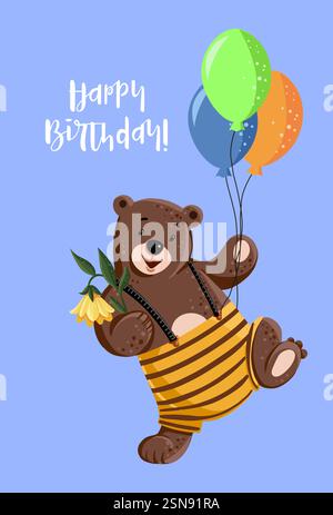Postkarte mit niedlichem Karikaturbär mit Ballons Stock Vektor