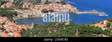Der Hafen von Collioure und seine Kirche an der Vermeillenküste. Stockfoto