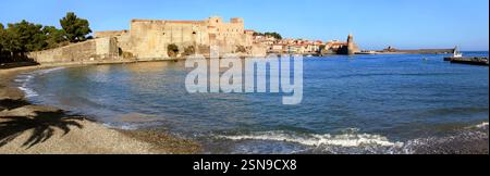 Der Hafen von Collioure und seine Kirche an der Vermeillenküste. Stockfoto