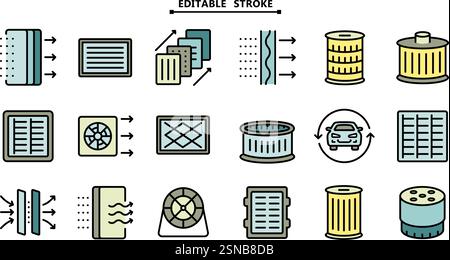 Verschiedene Symbole für Autofilter eingestellt. Bearbeitbare Kontur. Einfaches Bild von Öl, Benzin und Luftfilter zur Reinigung von Kraftstoff, Luft und Öl. Farbsymbole für den Fahrzeugservice Stock Vektor