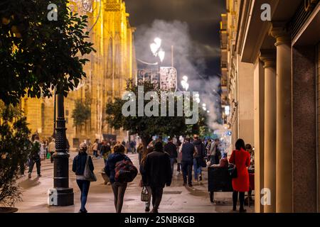 Eine Frau in rotem Kleid kauft in der Weihnachtsfeierzeit geröstete Kastanien neben der beleuchteten Kathedrale von Sevilla im Zentrum von Sevilla Spanien. Stockfoto