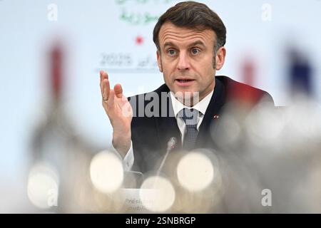 Paris, Frankreich. Februar 2025. Der französische Präsident Emmanuel Macron während der Internationalen Konferenz zu Syrien im Ministerkonferenzzentrum in Paris, Frankreich, am 13. Februar 2025. Foto: Eric Tschaen/Pool/ABACAPRESS. COM Credit: Abaca Press/Alamy Live News Stockfoto