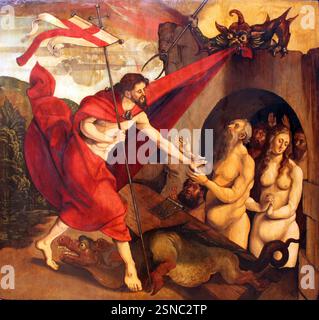 Tafelmalerei aus dem Nürnberger Dominikanerkreislauf. Vor seiner Auferstehung steigt Christus in den Limbus und erlöst alttestamentliche Figuren. Das Panel gehört zu einem Passionszyklus aus der Empore der Dominikanischen Kirche. Der unbekannte Maler wurde stark von den Meistern um Dürer beeinflusst. Kreis Albrecht Dürer - Anagoria Stockfoto