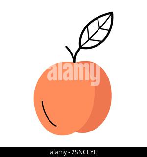 Ganzer reifer Pfirsich mit Zweig und Blatt. Handgezeichnete Sketch-Ikone der Frucht. Isolierte Vektorillustration im Doodle-Line-Stil. Stock Vektor