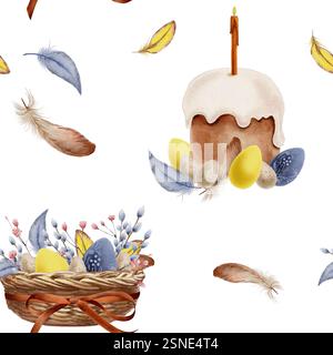 Oster nahtloses Muster alter Korb mit Band, Eier mit gypsophila Blumen, Weidenzweige und Federn, osterkuchen, Kerze. Aquarellmuster Stockfoto