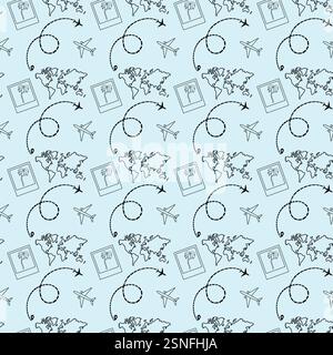 Nahtloses Muster mit Line Art Karte, Flugzeug und Handflächen Stockfoto