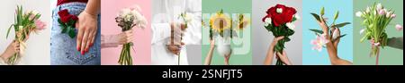 Collage von Frauen, die schöne Blumen auf farbigem Hintergrund halten Stockfoto