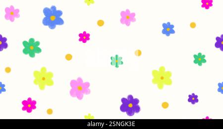 Kindlicher Zeichenstil mit Buntstift. Nahtloses Vektor-Blumenmuster. Stock Vektor
