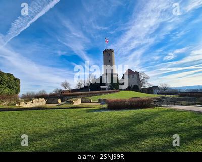 Atemberaubender Panoramablick mit historischem Turm, umgeben von einer lebhaften grünen Landschaft Bielefelds Stockfoto