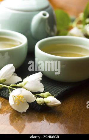 Grüner Tee mit Jasmin in der Tasse und Teekanne auf Holztisch, lodz, polen Stockfoto