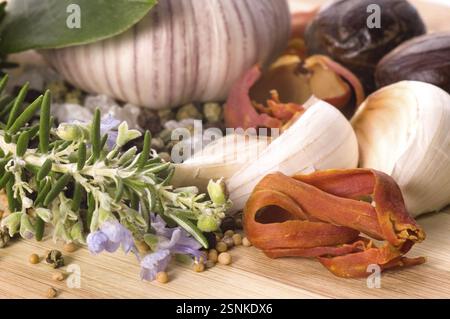 Kräuter und Gewürze. Knoblauch, Rosmarin, Lorbeerblatt, Pfeffer, alt, Muskatnuss, Vanille, Kardamon Stockfoto