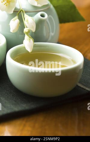 Grüner Tee mit Jasmin in der Tasse und Teekanne auf Holztisch, lodz, polen Stockfoto