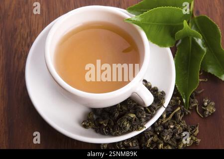 Tasse grüner Tee mit freien Blättern, lodz, polen Stockfoto