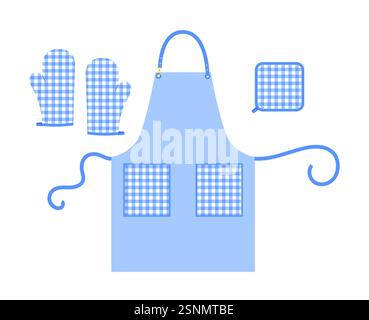 Satz Schürzen, Ofen Handschuhe und Topfhalter Küche blau Cartoon flache Accessoires Kleidung technische Illustration Kleid. Vektor für Männer, Frauen Stil Vorlage CAD Modell auf weißem Hintergrund Stock Vektor