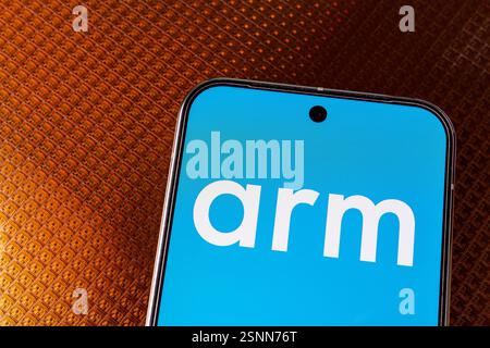ARM Holdings Logo auf dem Smartphone und dem Halbleiterwafer mit Chips. Anschaulich für einen neuen Chip von ARM Company. Stafford, Vereinigtes Königreich, F Stockfoto