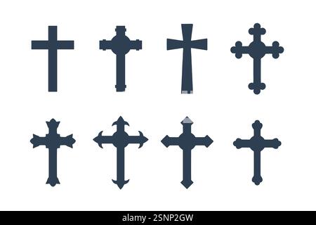 Christliches Kreuzvektorsymbol flacher Stil. Symbol für verschiedene Kreuze Stock Vektor