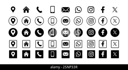 Sammlung beliebter Visitenkarten-Symbole und Social-Media-Logos. Telefon, Mobiltelefon, Adresse, E-Mail, facebook, x App Stock Vektor