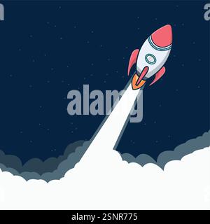 Raketenschiff fliegt mit Himmelswolken auf blauem Hintergrund hoch. Flaches Symbol. Vektorgrafik mit fliegendem Shuttle. Raumfahrt. Raketenstart. Neue PR Stock Vektor