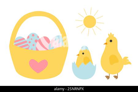 Flache Zeichentrickdarstellung einer gelben Küken und einer brütenden Küken in der Nähe eines Osterkörbchens, gefüllt mit bunten Eiern unter der Sonne Stock Vektor