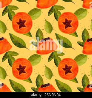 Ein farbenfrohes, nahtloses Muster mit Reifen Persimmonen und sattgrünen Blättern auf einem fröhlichen gelben Hintergrund. Nahtloses Aquarellmuster für den Druck auf Stoff und Papier. Stockfoto