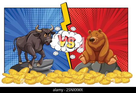 Illustration von Stier und Bär mit Goldmünzen Stock Vektor