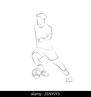 Professioneller Fußballspieler mit Ball auf Feld Illustration Vektor Hand gezeichnet mit schwarzen Linien isoliert auf weißem Hintergrund Stock Vektor