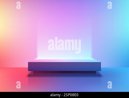 Futuristisches Cyberpunk 3D-Konzept mit einer sanft beleuchteten Plattform mit einem leuchtenden Farbverlauf, der von warmem Gelb zu kühlem Blau übergeht. Stock Vektor