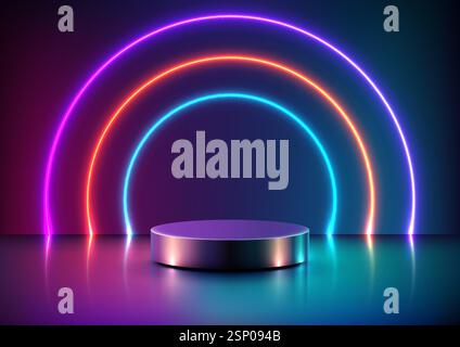 Leuchtende Neonkreise mit lila, roten und blauen Segmenten ragen über das zylindrische Podium und schaffen ein lebendiges Cyberpunk-Technologiekonzept in einem dunklen Moo Stock Vektor