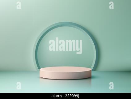 Weiche 3D-Szene in Pastellfarben mit hellrosa zylindrischem Sockel auf reflektierender mintgrüner Oberfläche, hellblauem Bogenrahmen, perfekt für moderne Produkte Stock Vektor