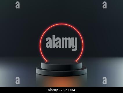 Minimalistisches zylindrisches 3D-Podium mit einem leuchtend roten Neonring, der ein dezentes Leuchten erzeugt, perfekt für moderne Technologiekonzepte, Produktdisplays und fut Stock Vektor