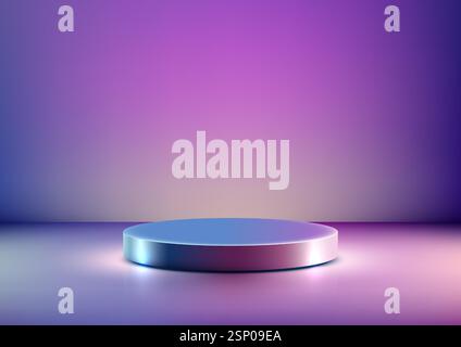 Runde Plattform in Metallic-Blau oder Podium unter Scheinwerferlicht vor leuchtendem violettem Hintergrund mit modernem, minimalistischem Design für die Produktdarstellung Stock Vektor