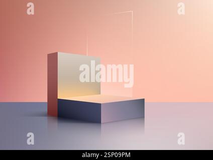 Minimalistisches 3D-Design mit rosafarbenem Hintergrund, geometrischem Block aus Roségold und reflektierender Oberfläche mit weichen Schatten, perfekt für Stock Vektor