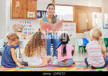 Klasse, Frau Lehrerin und Lesebuch für Kinder, Kindergartenaufmerksamkeit und Zuhören von Geschichten. Schule, Erzieher und Kommunikation mit Kindern bei Stockfoto