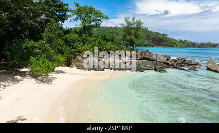 Abgeschiedener Strand mit kristallklarem Wasser und üppigem Grün. Seychellen. Stockfoto