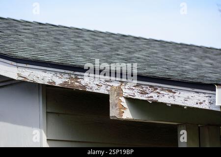 Nahaufnahme eines Hausdachs mit abblätternder Farbe und sichtbaren Holzschäden an der Frontplatte. Stockfoto