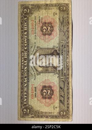 2-Colones-Banknote, Banco Internacional de Costa Rica, 19. Dezember 1924, Porträt La Virgen de Guadalupe. Historisches Relikt von Costa Rica. Ehemalige Costa R Stockfoto