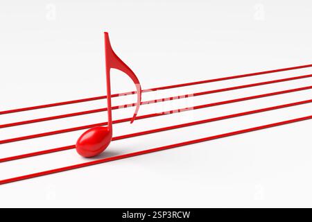 Musikalische Komposition und Songwriting. Rote musikalische Note, die auf einem roten Stab auf weißem Hintergrund steht und Musik, Melodie und Harmonie darstellt. 3D-Rendering Stockfoto