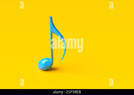 Minimalistisches Rendering einer hellblauen achten Note, die auf einem leuchtend gelben Hintergrund steht und Musik, Melodie und Rhythmus darstellt. 3D-Rendering Stockfoto