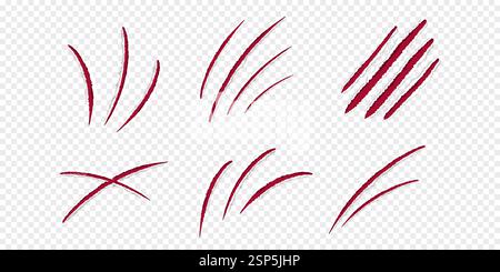 Katzenklauen rote Kratzer, gerissene Papierkante isoliert auf transparentem Hintergrund realistisch. Strukturierte Löcher mit beschädigter Oberfläche. . Vektorabbildung Stock Vektor