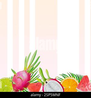 Sommerurlaub, Gemälde Obst mit Wassermelone, Drachenfrucht und Zitrone. Handgezeichnetes Aquarellgemälde bunte Illustration der Poster-Tapete für Stockfoto